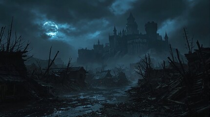Dark fantasy medieval village at night under full moon. Gloomy atmosphere, ruined buildings, castle on hill. Perfect for game art, book cover, or dark fantasy setting
