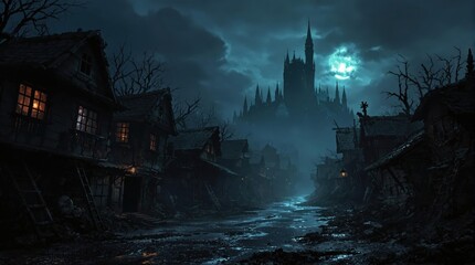 Dark fantasy medieval village at night under full moon. Gloomy atmosphere, ruined buildings, castle on hill. Perfect for game art, book cover, or dark fantasy setting