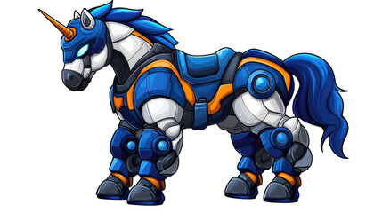 Robotic unicorn, blue and white armor, fantasy creature isolated on transparent background.