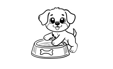Puppy at Food Bowl Coloring Page,Cute puppy playing at its food bowl in a black-and-white outline drawing. Ideal for children’s coloring activities or pet-themed designs.