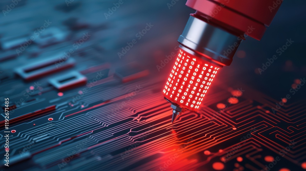 Poster red pen writing binary code on digital circuit board background
