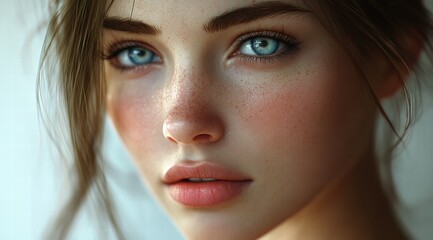 Fototapeta premium A close-up portrait of a beautiful woman with blue eyes and brown hair, featuring clear skin 