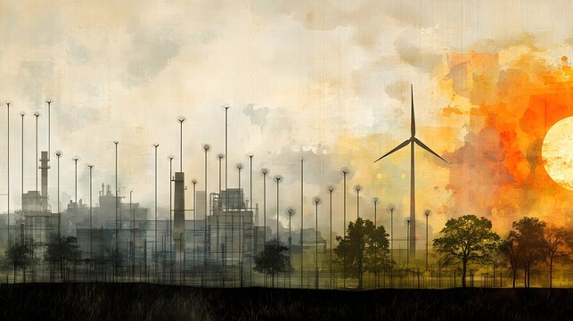 A conceptual image of a graph showing the reduction of carbon emissions over time, with green energy sources like solar and wind marked as key factors in achieving net-zero carbon impact. 