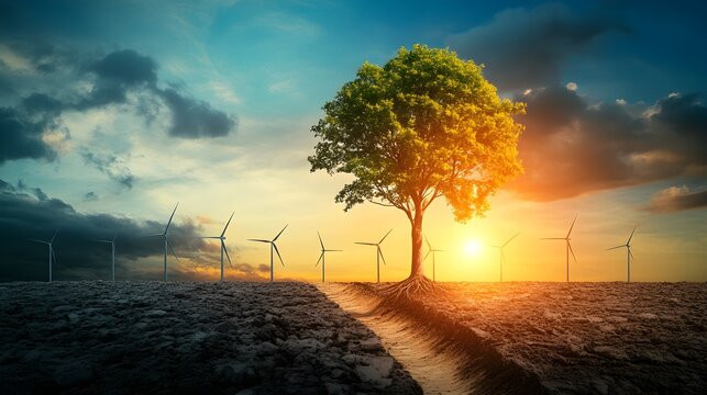 A conceptual image of a graph showing the reduction of carbon emissions over time, with green energy sources like solar and wind marked as key factors in achieving net-zero carbon impact. 