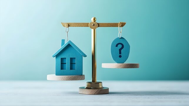 A conceptual image showing a scale with a house on one side and a risk warning symbol on the other, representing the balance of property ownership versus mortgage risk, ideal for financial risk 