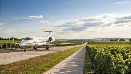 Fototapeta premium A private jet sits on a runway beside lush vineyards under a blue sky, capturing a serene blend of luxury travel and nature.