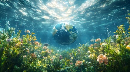 Serene Underwater Earth Surrounded by Glowing Marine Life Planet Concept with Copy Space