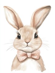 Obraz premium Cute illustrated rabbit wearing a pink bow tie in a friendly pose with soft fur and big eyes. Generative AI