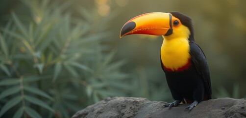 Obraz premium Toucan perched on a rock with blurred foliage background