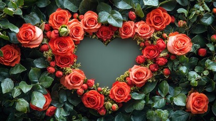 Heart-Shaped Arrangement of Red Roses Surrounded by Green Leaves