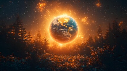 Glowing Planet Earth Surrounded by Cosmic Golden Halo in Starry Darkness