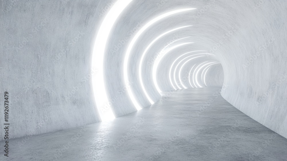Poster brightly lit circular corridor features smooth white walls and glowing lines that create an inviting