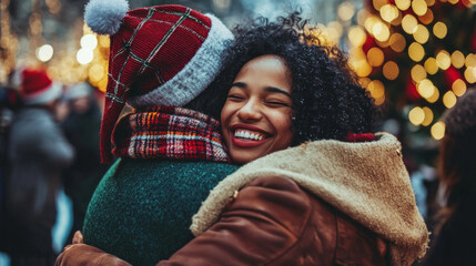 Friends enjoy a joyful hug and celebration together during a festive winter event in a vibrant city...