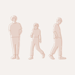flat minimal people male and female vector illustration in spring summer clothing concept isolated set collection. Outline with silhouette shadow. For architecture, design, info graphic, media