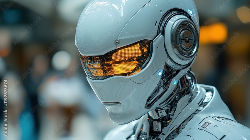 Aufkleber Futuristic humanoid robot with sleek design and illuminated features showcasing advanced technology in a modern urban environment with blurred background