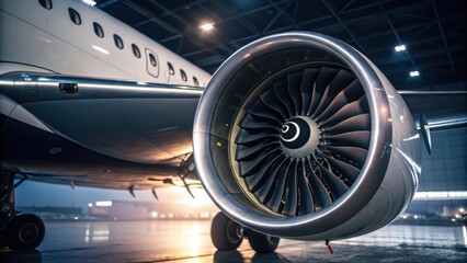 Fototapeta premium A close-up view of a jet engine inside an aircraft hangar, showcasing intricate details and powerful design.
