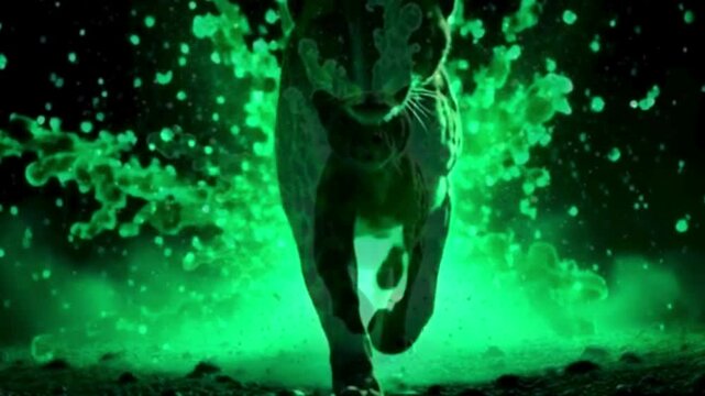Animation, running cheetah against the background of a powerful explosion of emeralds with a black screen.