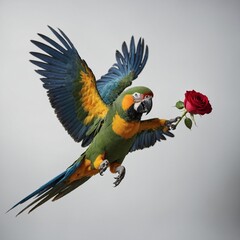 Fototapeta premium A parrot in mid-flight with a rose gripped in its claws, each feather visible, perfectly contrasted against white.