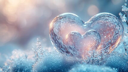 Fototapeta premium Heart-shaped ice sculpture on a frosty background.