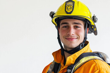 Fototapeta premium Generative AI Portrait of a Young Emotional Firefighter in Uniform Against White Background
