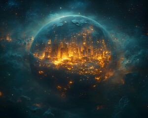 Futuristic Glowing Domed City on Expansive Terraformed Planet Earth Concept