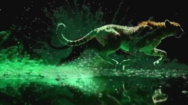 Animation, running cheetah against the background of a powerful explosion of emeralds with a black screen.