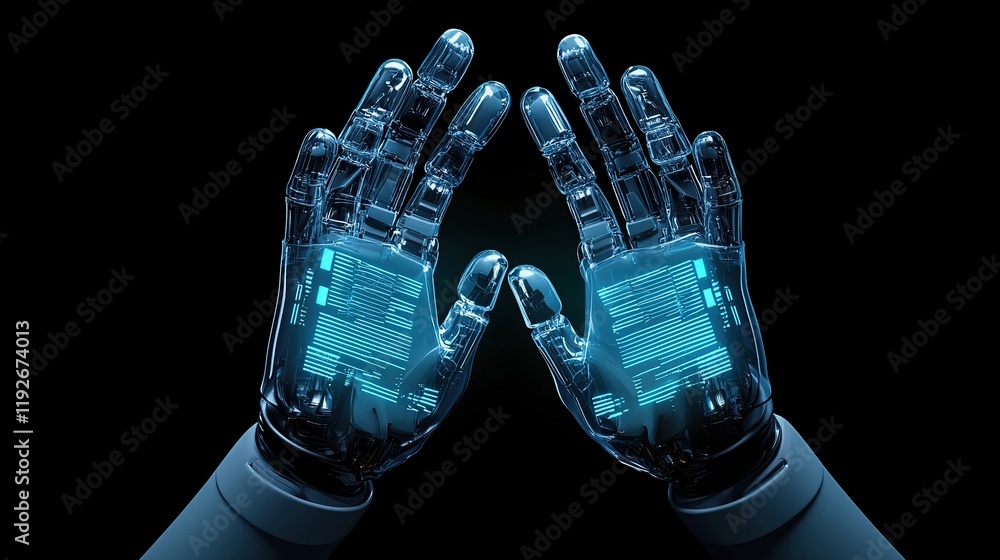 Poster safety, security concept high-tech robotic hands with glowing digital patterns, symbolizing advanced