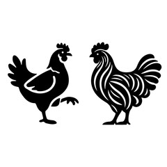 Majestic Rooster and Graceful Hen Silhouettes in Black and White