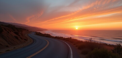 Coastal road at sunset with vibrant orange skies