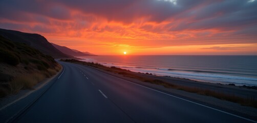 Fototapeta premium Coastal road at sunset with vibrant orange skies