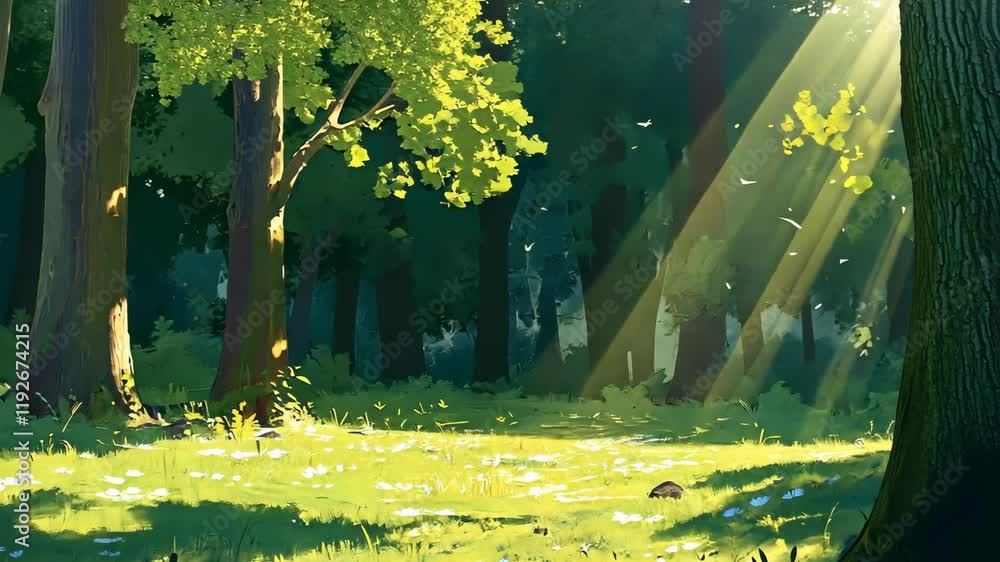 Poster sunlight filters through the trees in a vibrant forest clearing with lush greenery and scattered flo