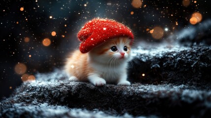 Fototapeta premium Adorable kitten in red hat, snowy scene.