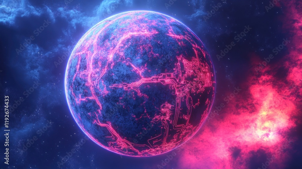 Poster a surreal view of a glowing circuit patterned planet amidst colorful clouds in space