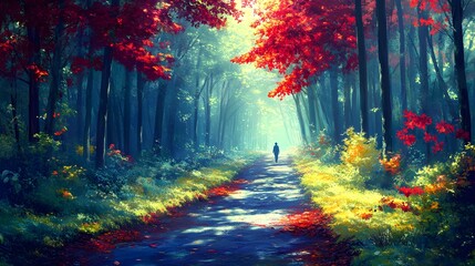 A lone figure walking down a tranquil forest path, with sunlight gently illuminating the way through the trees. The serene atmosphere and vibrant foliage evoke the feeling of embarking on a 