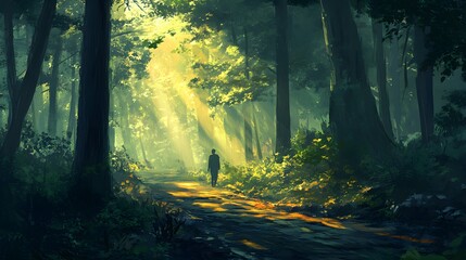 Fototapeta premium A lone figure walking down a tranquil forest path, with sunlight gently illuminating the way through the trees. The serene atmosphere and vibrant foliage evoke the feeling of embarking on a 