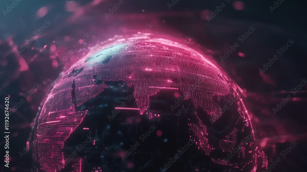 Poster a digital representation of earth with pink hues and data streams flowing around its surface