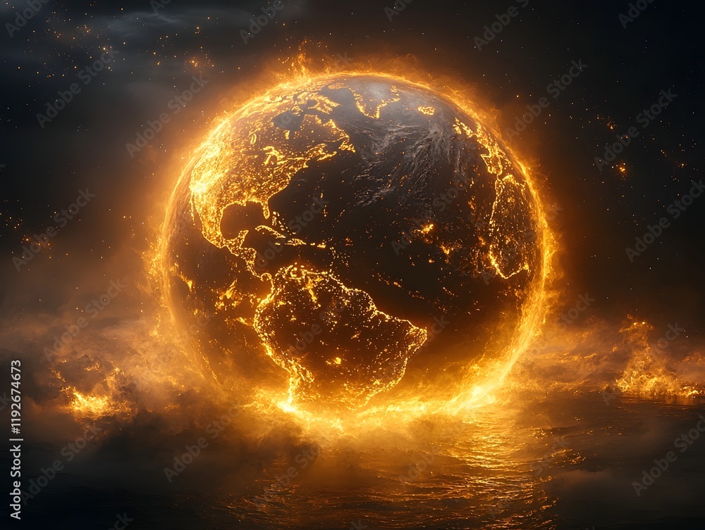 Poster fiery transformation of the resilient planet earth symbolic representation of cosmic cycles and envi