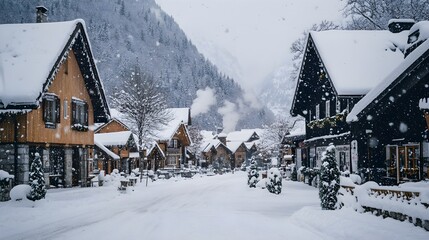 Naklejka premium A serene snow-covered village square with traditional cottages, decorated for the season, where puffs of smoke rise from chimneys, and a festive mood fills the air, as snowflakes gently fall. 
