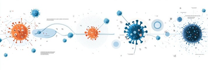 Stages of a virus lifecycle illustrated with detailed scientific visualization including penetration, replication, and spreading. Generative AI