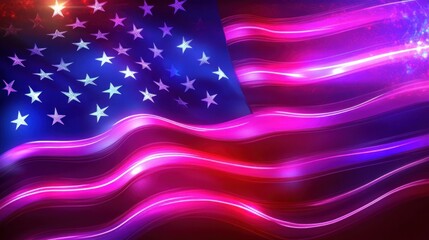 Abstract American flag with vibrant pink and blue neon waves and stars