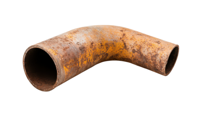 One metal pipe concept, Rusty metal pipe fitting with a curved shape on transparent background.