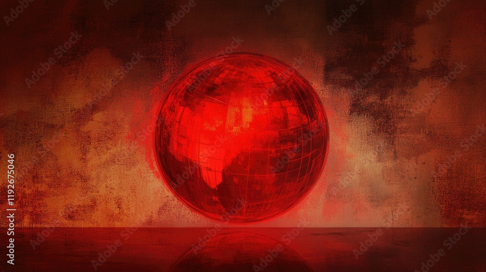 Aufkleber an artistic red globe with luminous digital lines, set against a textured background for a high-tech