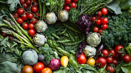 A vibrant assortment of fresh green vegetables and tomatoes