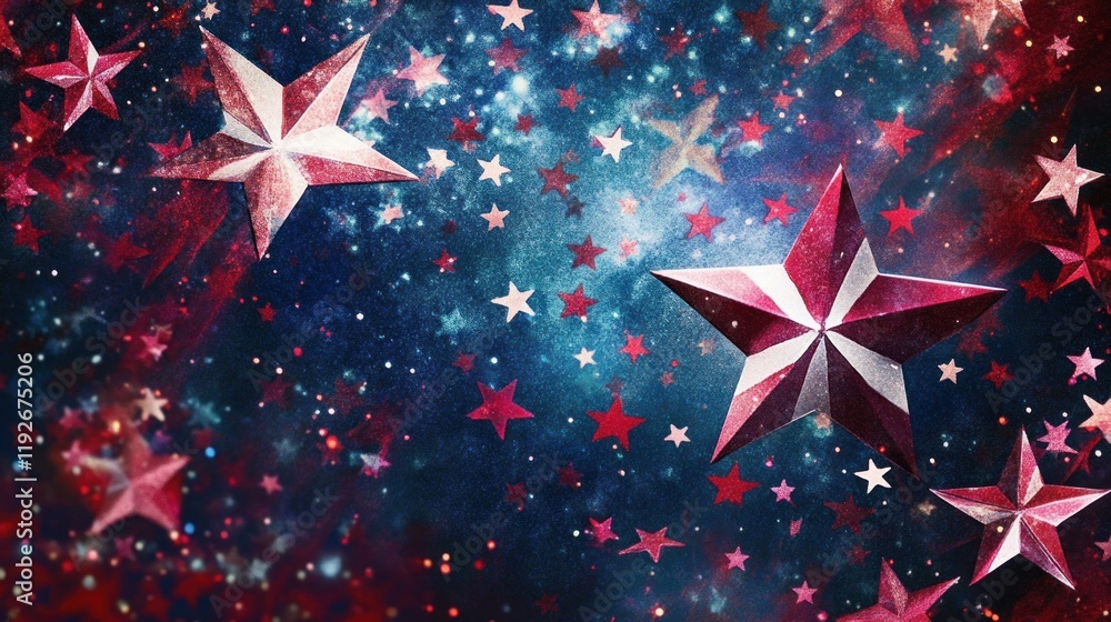 Poster a celestial display of red and white stars on a dark blue background with sparkles