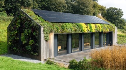 An eco-friendly modern house with innovative energy solutions, including solar panels and a green wall, in a serene natural setting.