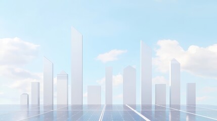 Futuristic skyline with solar panels and blue sky.