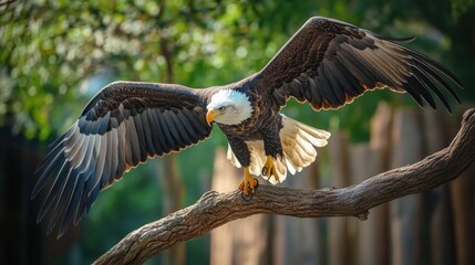 Obraz premium Majestic Bald Eagle Soaring with Open Wings on a Branch in Natural Environment