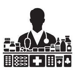 Pharmacist Silhouette Vector Illustration, Solid White Background.