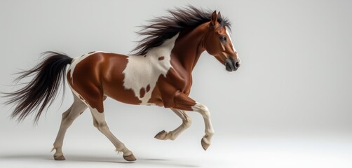 Fototapeta premium Galloping brown horse with white patches on white background