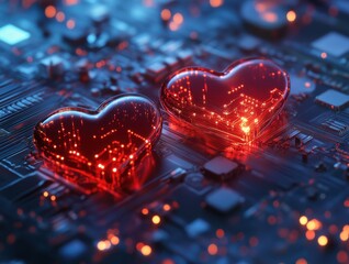 Technological futuristic network red heart shape symbol on blue technology lights background